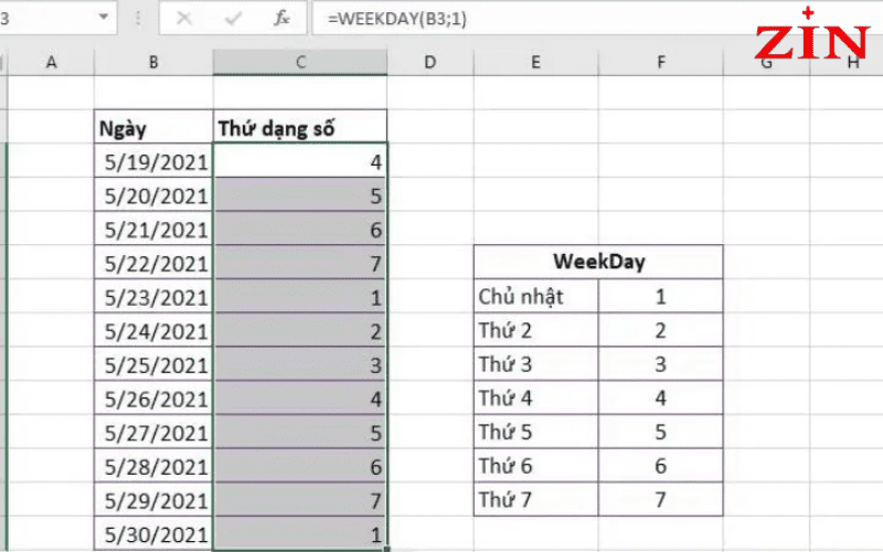 Hàm Weekday Trong Excel (3)