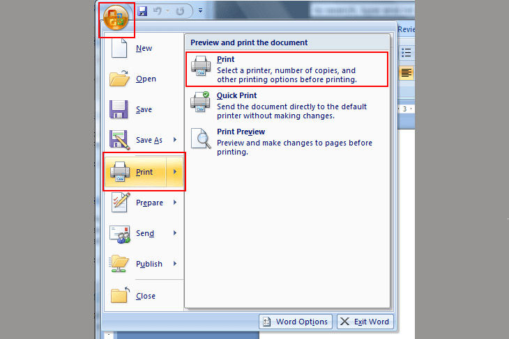 Nhấn Ctrl + P hoặc vào menu File → Print