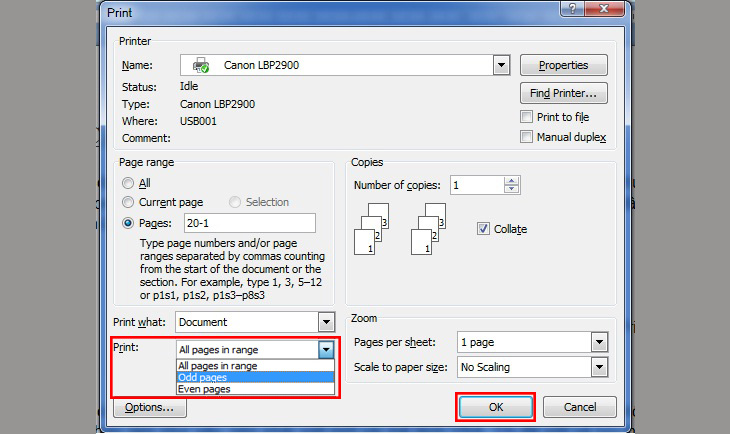 Trong mục Settings, chọn Print Odd Pages Only
