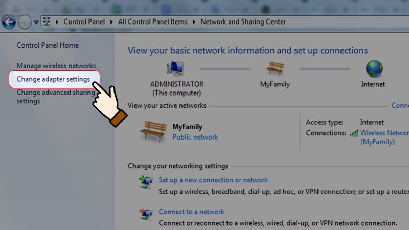 Chọn mục Change adapter settings