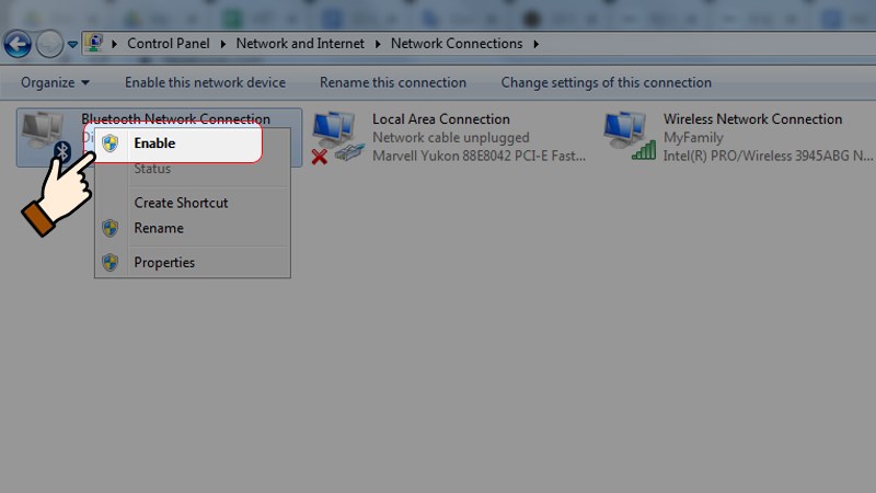 Nhấp Chuột Phải Vào Bluetooth Network Connection > Chọn Enable