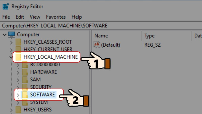 Chọn HKEY_LOCAL_MACHINE sau đó, chọn SOFTWARE