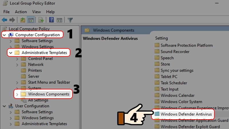 Trong cửa sổ Local Group Policy Editor, chọn Windows Defender