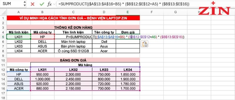 cách tính đơn giá trong excel
